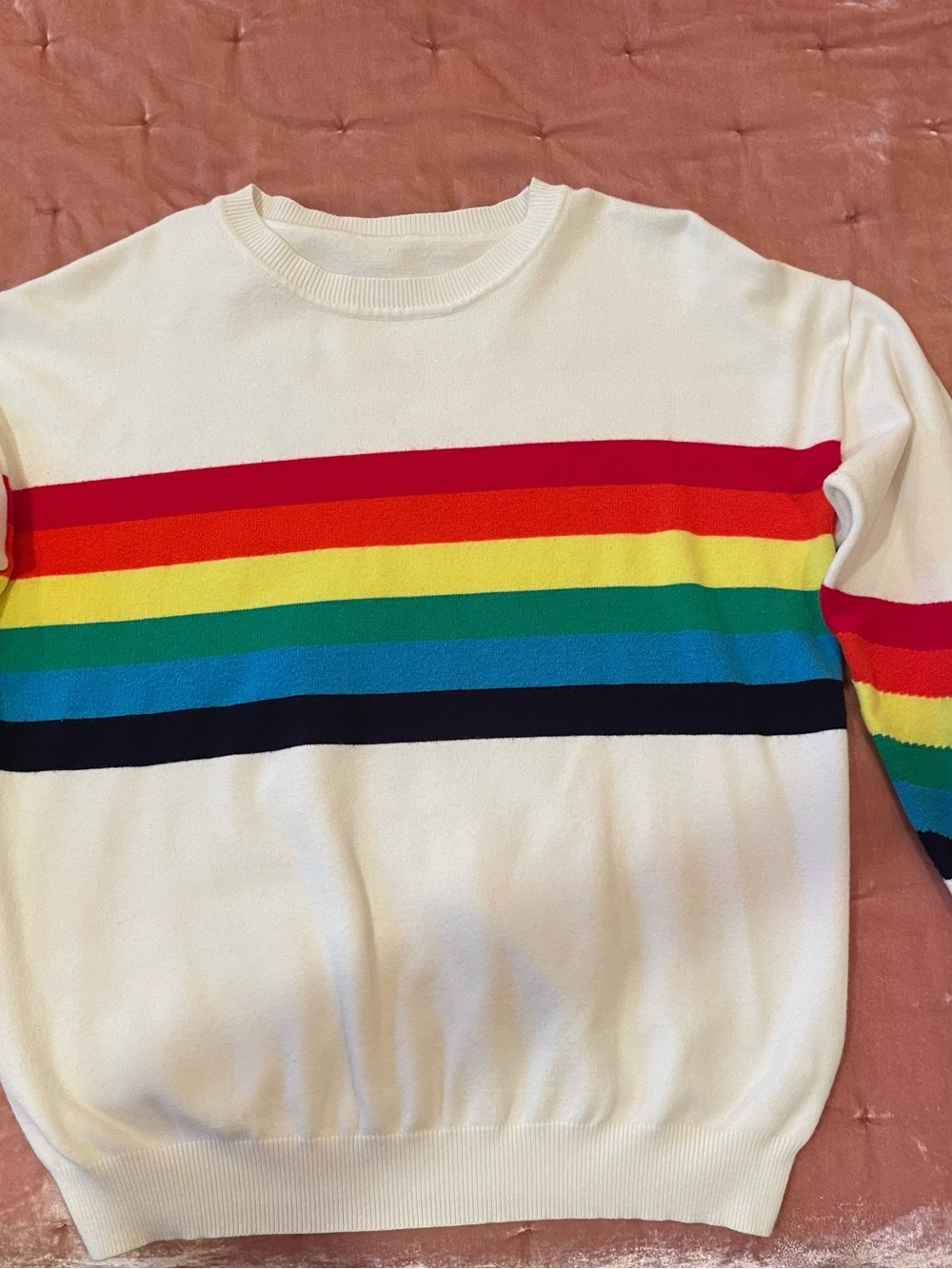 Women's Cream Crewneck Sweater with Multicolor Rainbow Stripes thick/stretchy